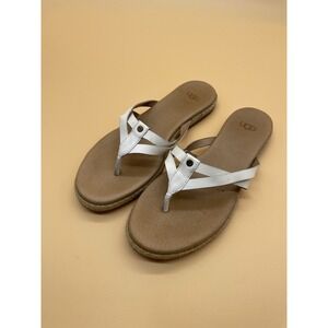 Ugg Australia Womens Flip Flop Sandals White Leather Flat Heel Slip On Size 6